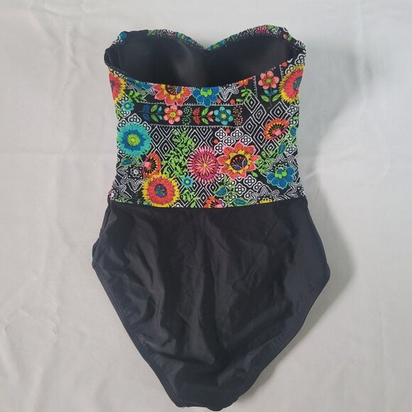 Into The Bleu By Amerex Bathing Suit Floral Black Strapless with Cups Size 8 - Picture 3 of 6